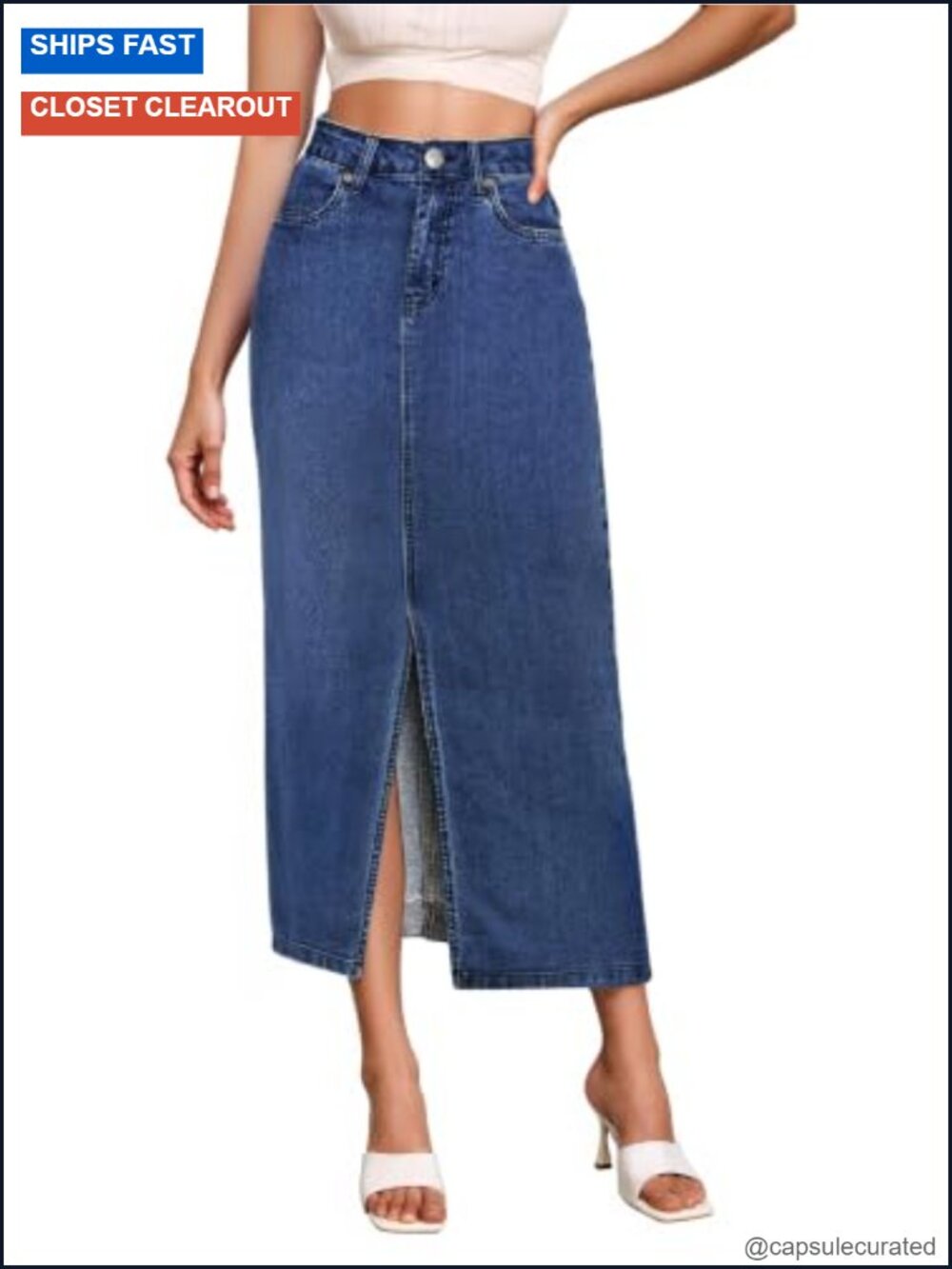 Women's Long Stretch Denim Skirt - High Rise, Wide Leg, Button Front, Machine
